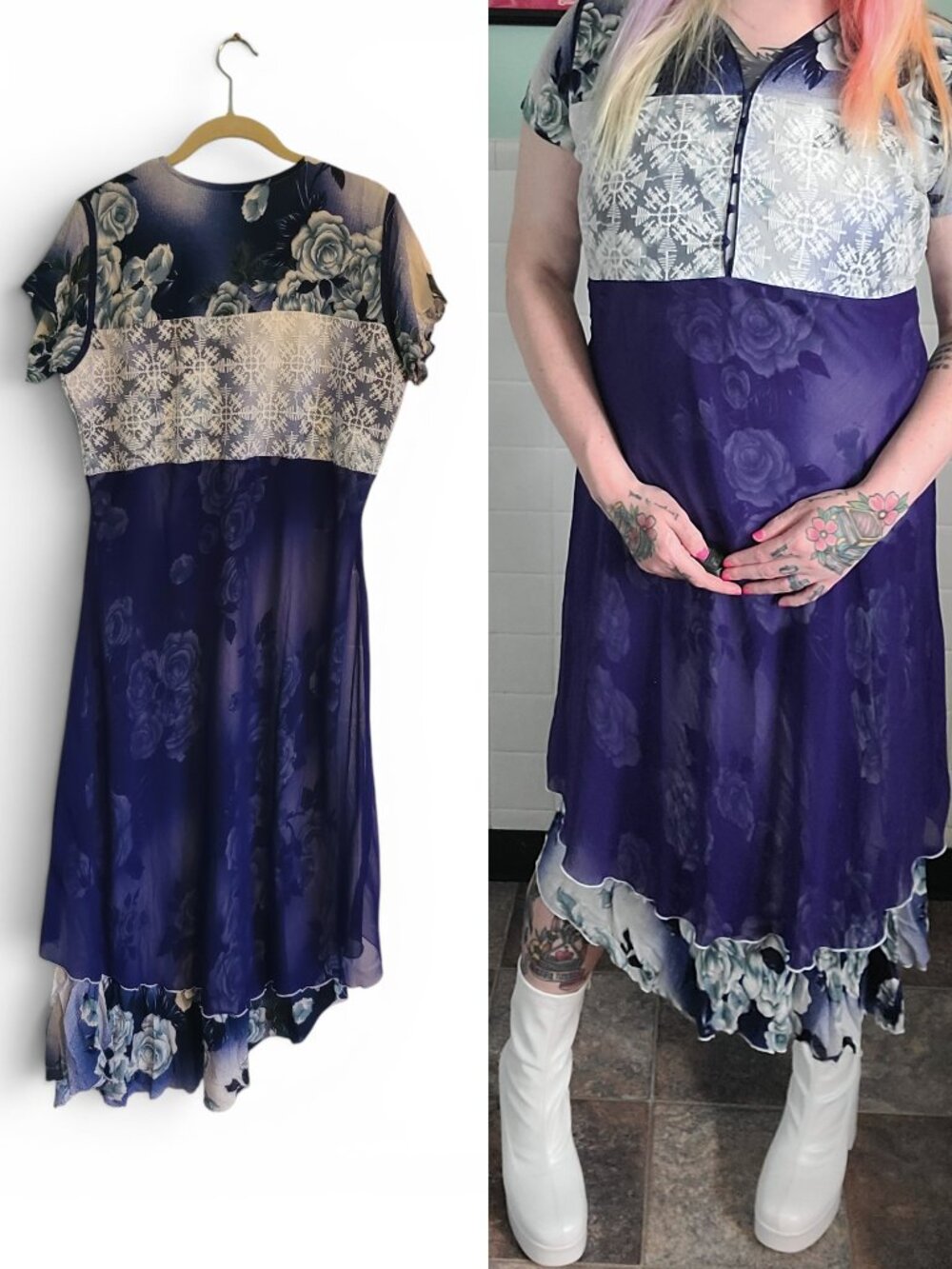 Y2K Whimsical Navy Blue White Floral Asymmetrical Hem Midi Dress Whimsigoth